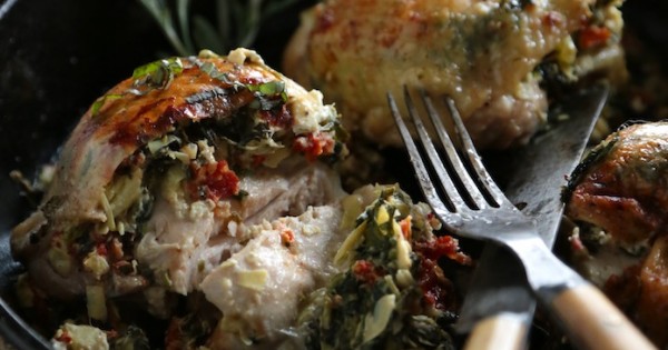 30 Minute Sun Dried Tomato Spinach Stuffed Chicken Thighs
